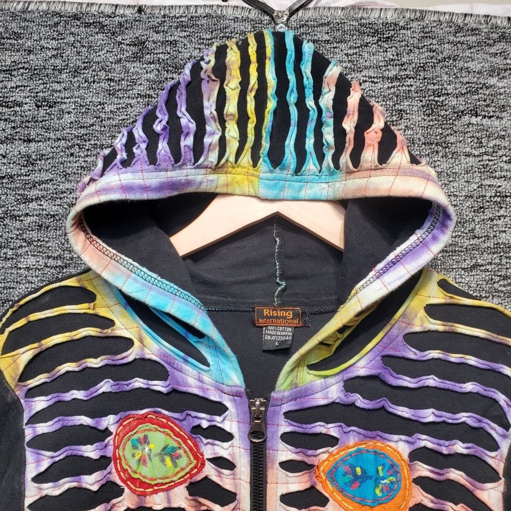 Rising International‎ Zip Hoodie Women Large Black Rainbow Slash Patchwork Boho - Picture 5 of 10